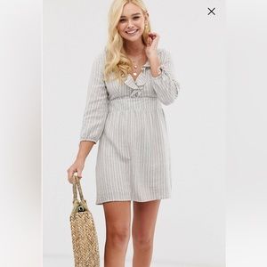 Gilli Ruffle Front Mini Linen Dress Stripe V-neck Summer Light Blue Beige Cute